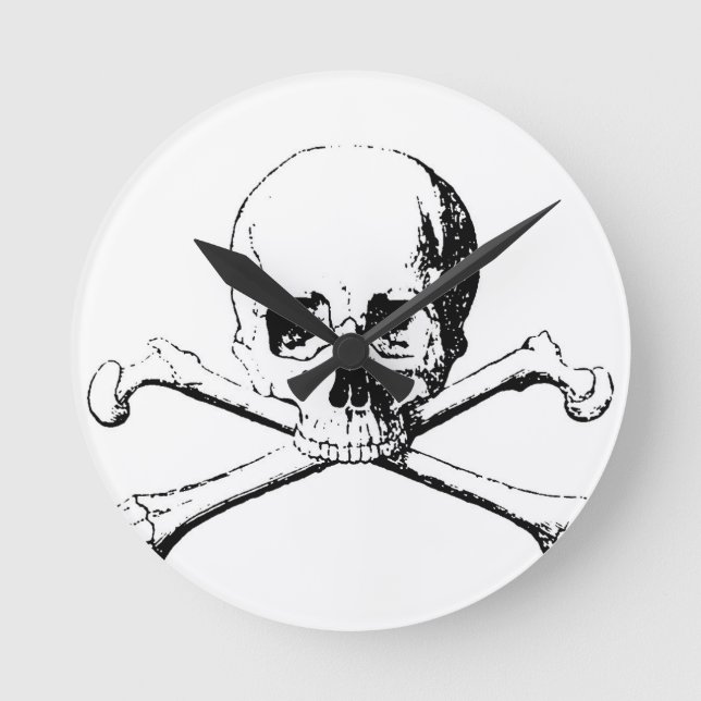 Reloj Redondo Mediano Calavera blanca y negra y huesos (Anverso)
