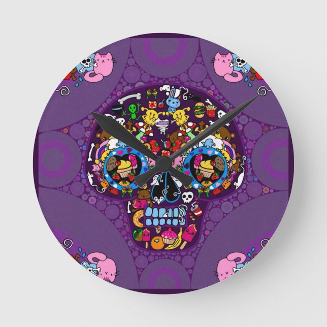 Reloj Redondo Mediano Calavera de Arte de Azúcar Kawaii Doodle personali (Anverso)