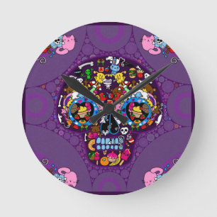 Reloj Redondo Mediano Calavera de Arte de Azúcar Kawaii Doodle personali