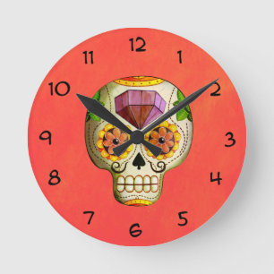 Reloj Redondo Mediano Calavera de azúcar mexicana Dia Los Muertos