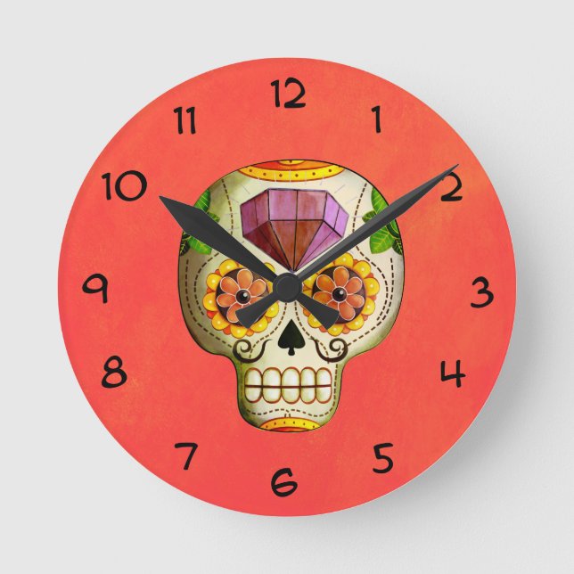 Reloj Redondo Mediano Calavera de azúcar mexicana Dia Los Muertos (Anverso)