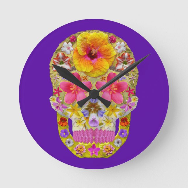 Reloj Redondo Mediano Calavera de flores 4 - Tropical (Anverso)