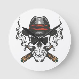 Reloj Redondo Mediano Calavera de gánster con sombrero fedora