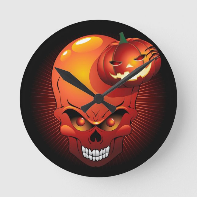 Reloj Redondo Mediano Calavera de Halloween y calabaza (Anverso)