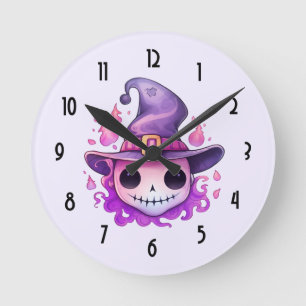 Reloj Redondo Mediano Calavera en sombrero de bruja caprichosa