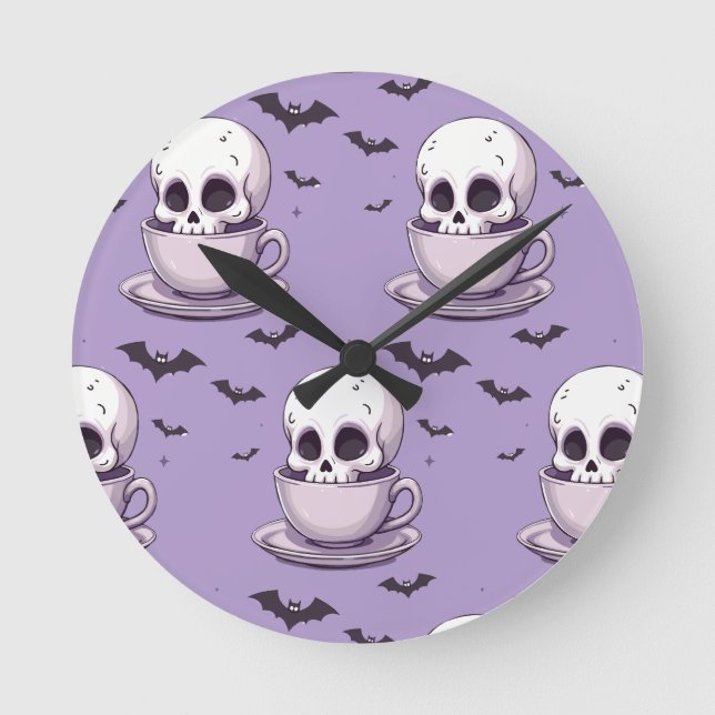 Reloj Redondo Mediano Calavera Pastel Goth en Taza de Té (Anverso)