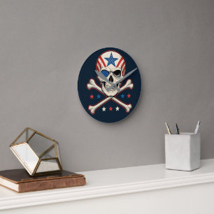 Reloj Redondo Mediano Calavera patriótica y bandera de los Estados Unido