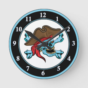 Reloj Redondo Mediano Calavera pirata y encrucijada