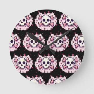 Reloj Redondo Mediano Calavera y Huesos Rosa Pastel