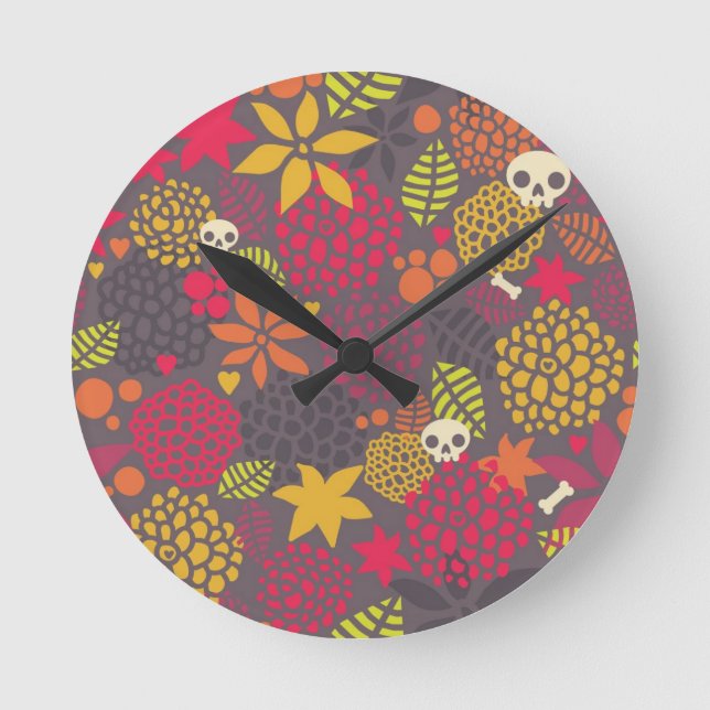 Reloj Redondo Mediano Calaveras y flores. (Anverso)