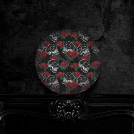 Reloj Redondo Mediano Calaveras y rosas rojas | Gótico moderno Glam Grun