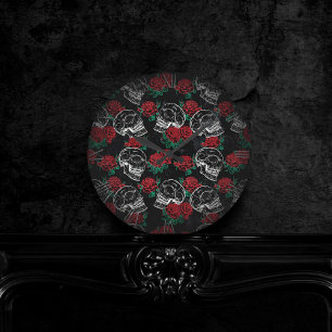 Reloj Redondo Mediano Calaveras y rosas rojas   Gótico moderno Glam Grun