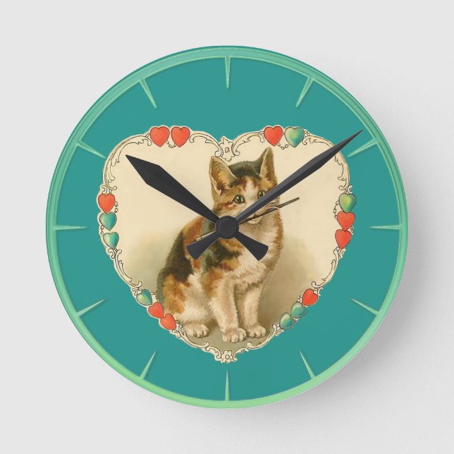 Reloj Redondo Mediano Calico Kitten en el corazón (Anverso)