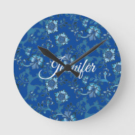 Reloj Redondo Mediano Caligrafía Elegante Floral Azul Nombre personaliza