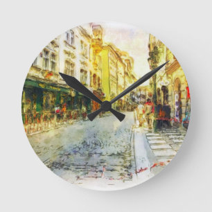Reloj Redondo Mediano Calles de la acuarela vieja de Praga