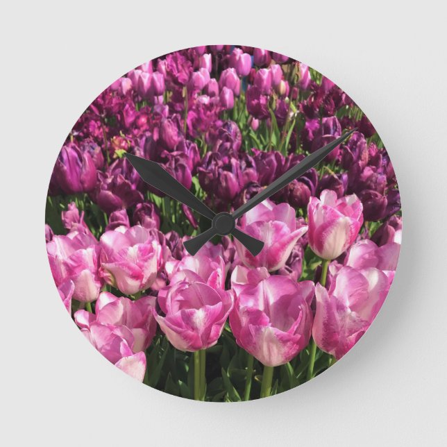 Reloj Redondo Mediano Cama de jardín tulipán morado y rosa, Oregón (Anverso)