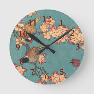 Reloj Redondo Mediano Camachuelo de Hokusai y Flor de Cerezo Ave Vintage
