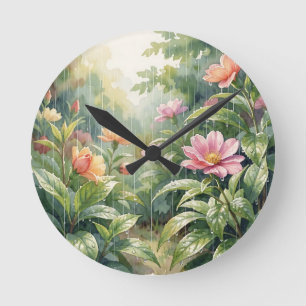 Reloj Redondo Mediano Camelia Floral de Jardín Lluvioso Acuarela