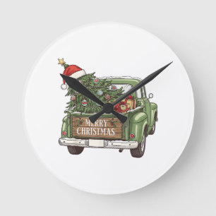 Reloj Redondo Mediano Camión de Navidad Vintage Feliz Navidad Hombres Mu