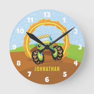 Reloj Redondo Mediano Camión Monstruo Verde Niño Bonito Personalizado