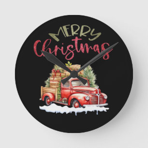 Reloj Redondo Mediano Camión Rojo Feliz Navidad Árbol Santa Adorable Vin