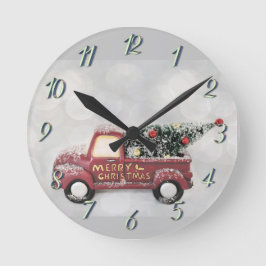Reloj Redondo Mediano camión rojo vintage sobre un fondo bokeh gris