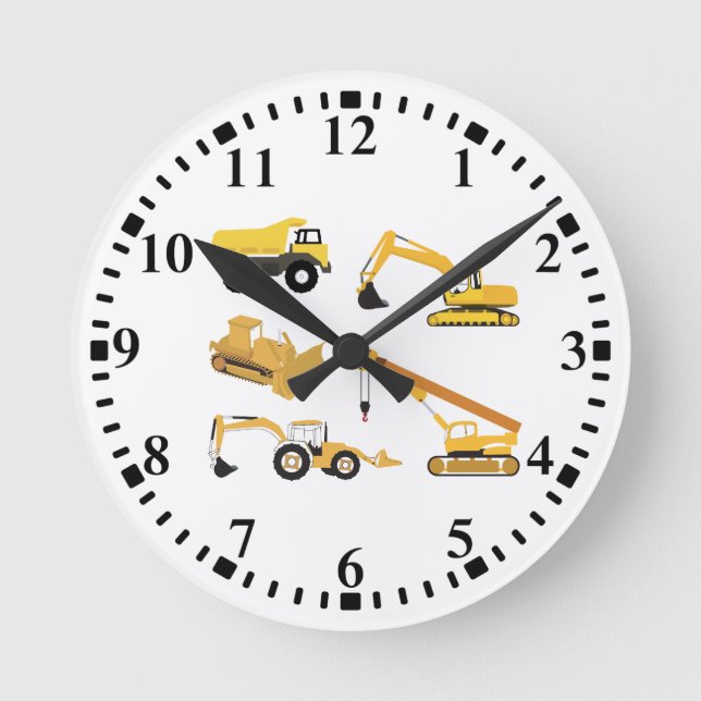 Reloj Redondo Mediano Camiones de construcción para niños (Anverso)