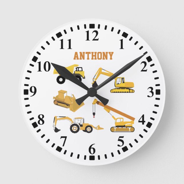 Reloj Redondo Mediano Camiones de construcción personalizados niños alre (Anverso)