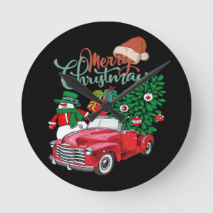 Reloj Redondo Mediano Camioneta Roja Recoge Árbol de Navidad Feliz Navid