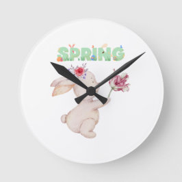 Reloj Redondo Mediano Camiseta gráfica de conejo retro de primavera con