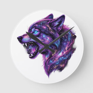 Reloj Redondo Mediano Camiseta gráfica de lobo rugiente de galaxia cósmi