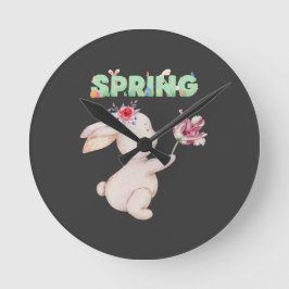Reloj Redondo Mediano Camiseta Retro de Bunny con Gráfica de Tulipán