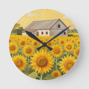 Reloj Redondo Mediano Campo de Girasoles Paisaje Rústico de Granero