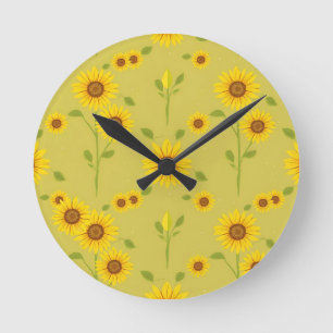 Reloj Redondo Mediano Campo de girasoles soleado patrón verde oliva rúst
