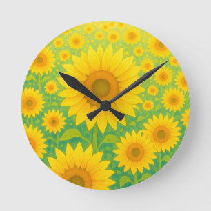 Reloj Redondo Mediano Campo de Girasoles Vibrante Patrón