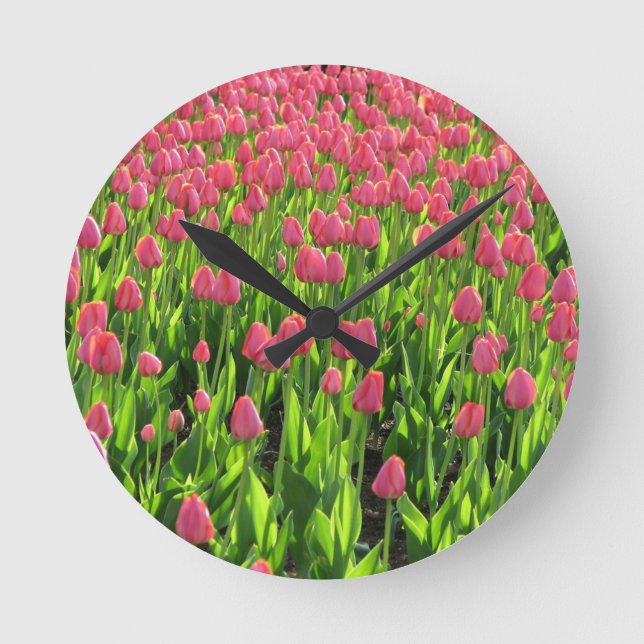 Reloj Redondo Mediano Campo de tulipanes rosados (Anverso)