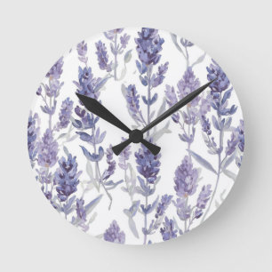 Reloj Redondo Mediano Campos de lavanda Patrón de flores de acuarela p