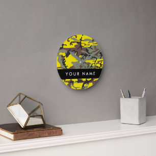 Reloj Redondo Mediano Camuflaje Amarillo y Marrón Personaliza tu nombre