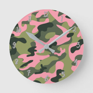 Reloj Redondo Mediano Camuflaje Ejército Rosa Verde Personalizado