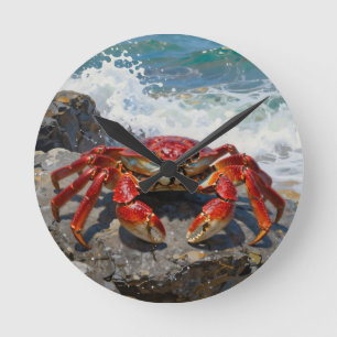 Reloj Redondo Mediano Cangrejo Rojo Vibrante Olas del Océano