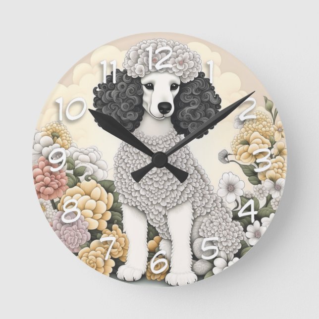 Reloj Redondo Mediano Caniche en flores caprichosas  (Anverso)