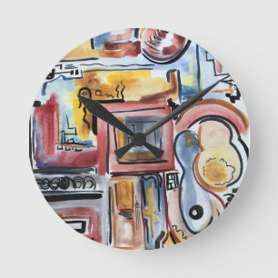 Reloj Redondo Mediano Cantando En La Cocina-Arte Acuarela Abstracto