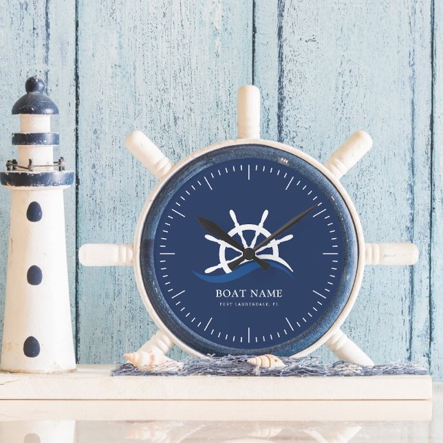 Reloj Redondo Mediano Capitán de la Marina Nautical Blue Wave Barco Helm (Nautical Blue Wave Navy Captain Ship Helm Boat Round Clock)