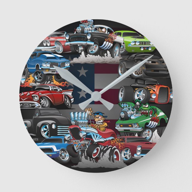 Reloj Redondo Mediano Car Madness! Muscle Cars and Hot Rods Cartoon (Anverso)