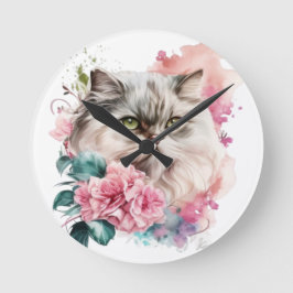 Reloj Redondo Mediano CARA CAT PERSA DE bonito CON FLORES DE ROSA