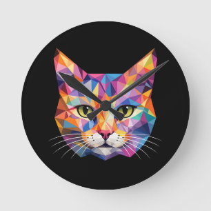 Reloj Redondo Mediano Cara de Gato Geométrico Colorido de Triángulos Low