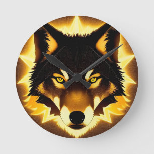 Reloj Redondo Mediano Cara de Lobo Radiante Iluminada por Luz Dorada