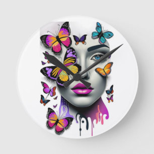 Reloj Redondo Mediano Cara de mujeres y mariposas, fantasía