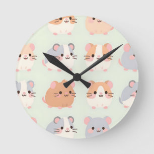 Reloj Redondo Mediano Caras de Hámster Lindos Patrón Pastel Kawaii