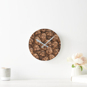 Reloj Redondo Mediano Caras de Madera Tallada Patrón Boho Vintage